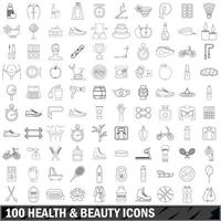 100 health and beauty icons set, outline style vector