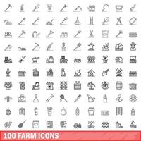 100 farm icons set, outline style vector