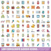 100 bienes de consumo, conjunto de iconos de estilo de dibujos animados vector