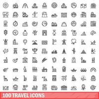 100 travel icons set, outline style vector