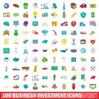 100 business investment icons set, cartoon style vector