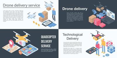 Drone delivery service banner set, isometric style vector