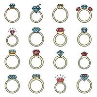 conjunto de iconos de anillo de diamantes vector plano