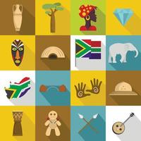 Conjunto de iconos de viaje de Sudáfrica, estilo plano vector