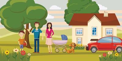 Family horizontal banner garden, cartoon style vector