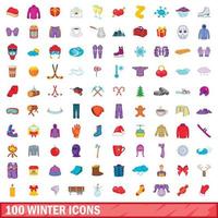 100 iconos de invierno, estilo de dibujos animados vector