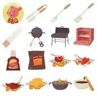 Conjunto de iconos de herramientas de barbacoa, estilo de dibujos animados vector