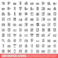 100 device icons set, outline style vector