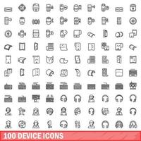 100 device icons set, outline style vector