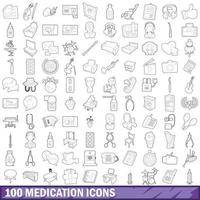 100 iconos de medicamentos establecidos, estilo de esquema vector