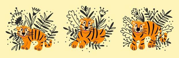 A set with cartoon funny tigers and flowers in a children's style vector