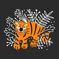 A child's image of a hand-drawn tiger cub walking through the jungle on a background of flowers vector