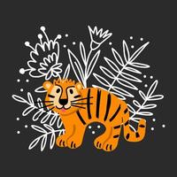 A cute little tiger cub on a background of flowers vector