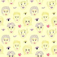 Seamless pattern with the faces of women and men, eyes and lips. Linear drawing vector
