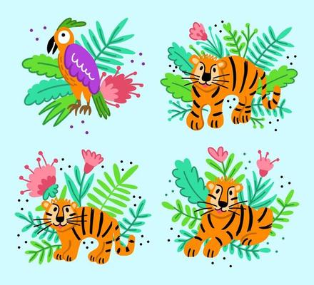 Set clip art of funny tigers and a parrot. Animals in the jungle