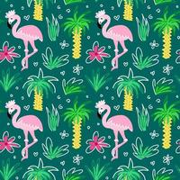 Seamless pattern with flamingos in the tropics among palm trees and flowers vector