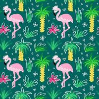 Seamless pattern with flamingos in the tropics among palm trees and flowers vector