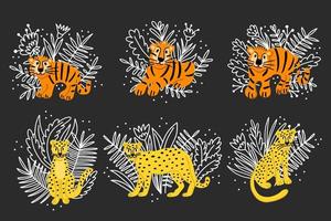 establecer imágenes prediseñadas de animales salvajes, tigres y leopardos rodeados de hojas y flores tropicales vector