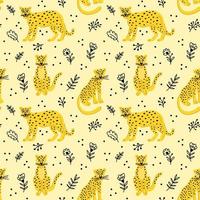 Seamless pattern with leopards in different poses among twigs and flowers vector
