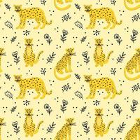 Seamless pattern with leopards in different poses among twigs and flowers vector