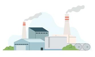Industrial plant building, factory. station structure with containers, towers with smoke vector