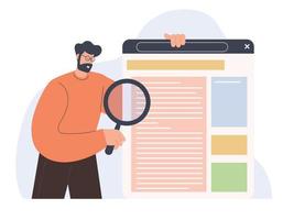 Web analysis and CEO concept. Person checking, analyzing SERPs with magnifying glass vector