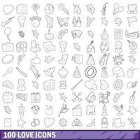 100 love icons set, outline style vector