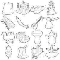 Conjunto de iconos de símbolos de viaje de Turquía, estilo de contorno vector