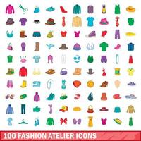100 iconos de taller de moda, estilo de dibujos animados vector