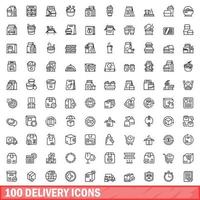 100 conjunto de iconos de entrega, estilo de esquema vector