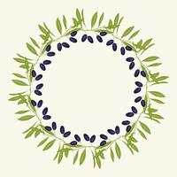 Wreath black olives hand drawn doodle round frame with branches leaves and green berry. vector