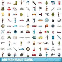 100 manmade icons set, cartoon style vector