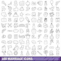 100 marriage icons set, outline style vector