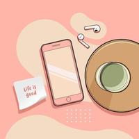 rosa pastel teléfono escuchando música con matcha ilustración vectorial descarga gratuita vector