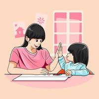Mom and her daughter are giving high five while they are doing homework vector illustration pro download