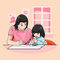Mom teach her daughter drawing at home vector illustration free download