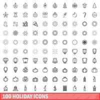 100 holiday icons set, outline style vector