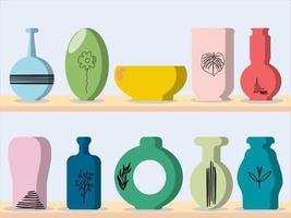 set of ceramic vases. Vase on the shelf. vector