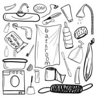 Vector bathroom elements. Outline icons collection. Simple vector illustration. Black doodles. Hand-drawn bathroom accessories illustration.