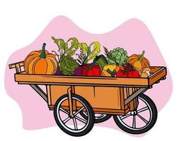 Set with a wooden cart with pumpkins, autumn berries, beets, carrots, artichokes, pepper, tomatoes, and mushrooms. Autumn illustration, agriculture, harvest. vector
