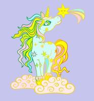 un lindo unicornio mágico parado en las nubes se encontró con un asterisco. vector