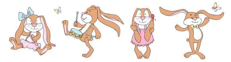 Set of cute funny toy bunnies. The image is separated from the background. vector