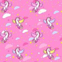 Seamless pattern with cute magical unicorns in the sky with colorful clouds and stars. vector