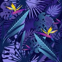 Seamless pattern with tropical exotic leaves and flowers at night. Tropical night. vector