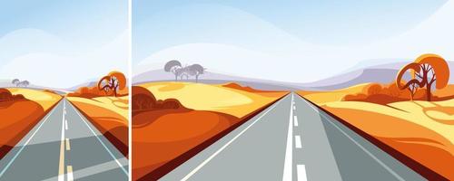 Autumn highway stretching into the horizon. Outdoor scene in different formats. vector