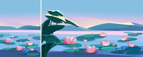 Landscape with lotuses and mountains. Natural scenery in different formats. vector