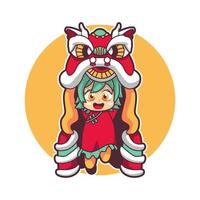 chinese little girl cute playing lion dance costume vector design