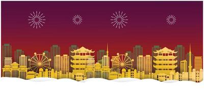 feliz año nuevo chino con diseño de vector de estilo de corte de papel de ciudad