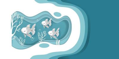 diseño de fondo de ilustración de vector de estilo papercut de pescado