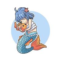 Sirena linda y pez payaso, diseño de ilustraciones vectoriales